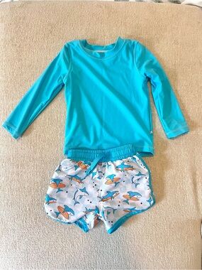 Caden Lane Turquoise Long-Sleeve Rash Guard with Shark Print Shorts